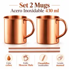 CUINER - Set 2 Mugs Acero Inoxidable 430 ml Cobre con Bombillas