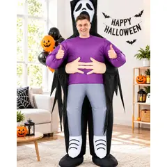 MYLHOGAR - Disfraz de Halloween Adulto con Capa Negra, Traje Morado y Manos de Fantasma