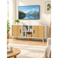 GENERICO - Rack TV Bicolor con 2 Puertas Laterales, 4 Nichos y Patas Cortas MDF 110x36x50 cm