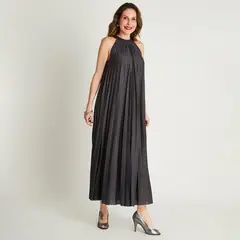LORENZO DI PONTTI - Vestido Largo Negro Sin Manga Plisado Cuello Redondo