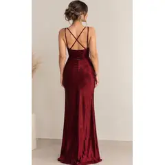 GENERAL - Vestido Largo Satin Metalizado con Tajo y Espalda Cruzada - Fiesta Gala Noche