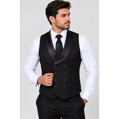 XPRESS RECHARGE - Chaleco Formal Hombre Negro Doble Botonadura con Solapa Satinada