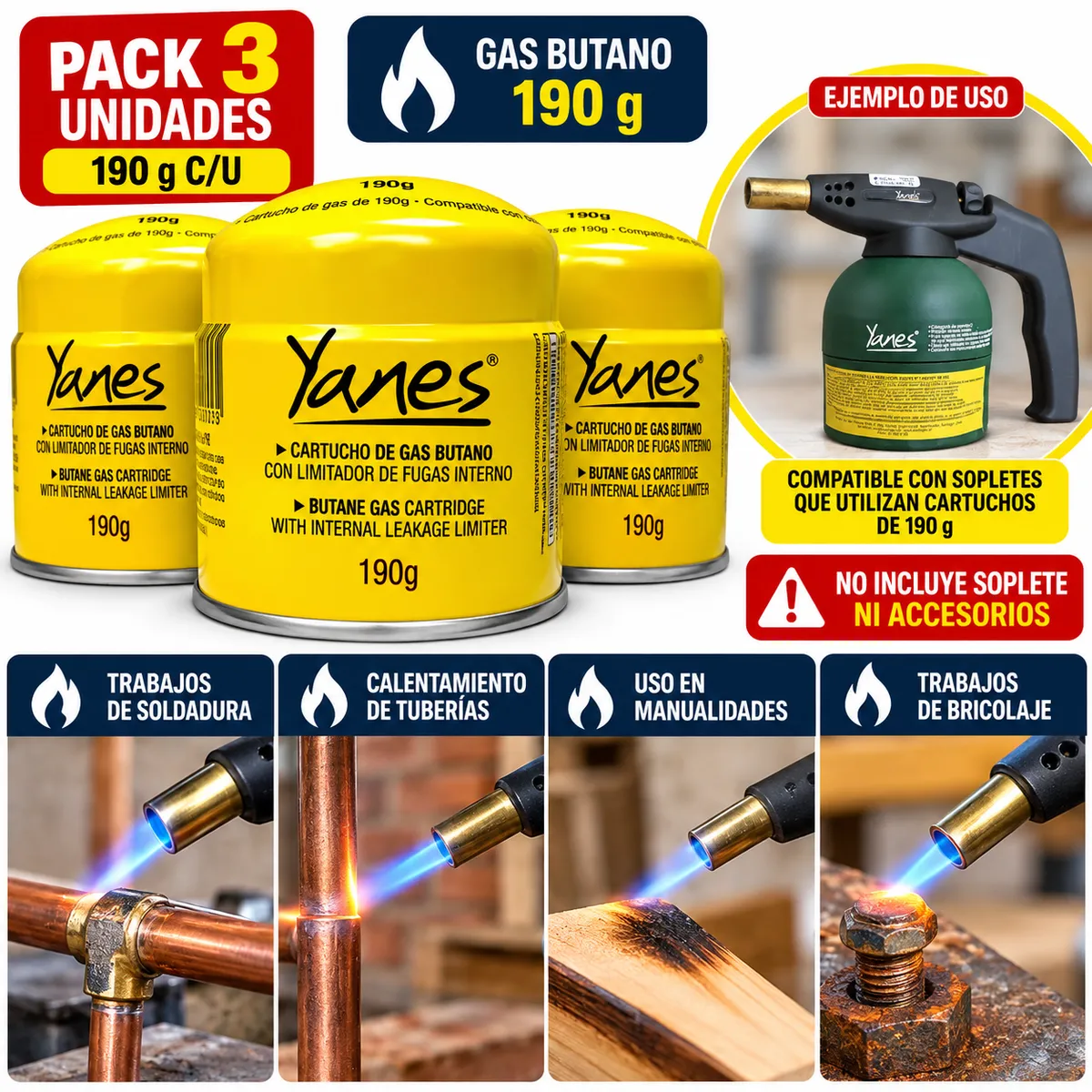 YANES - Pack x3 Gas Butano Cartucho 190g Con Válvula De Seguridad