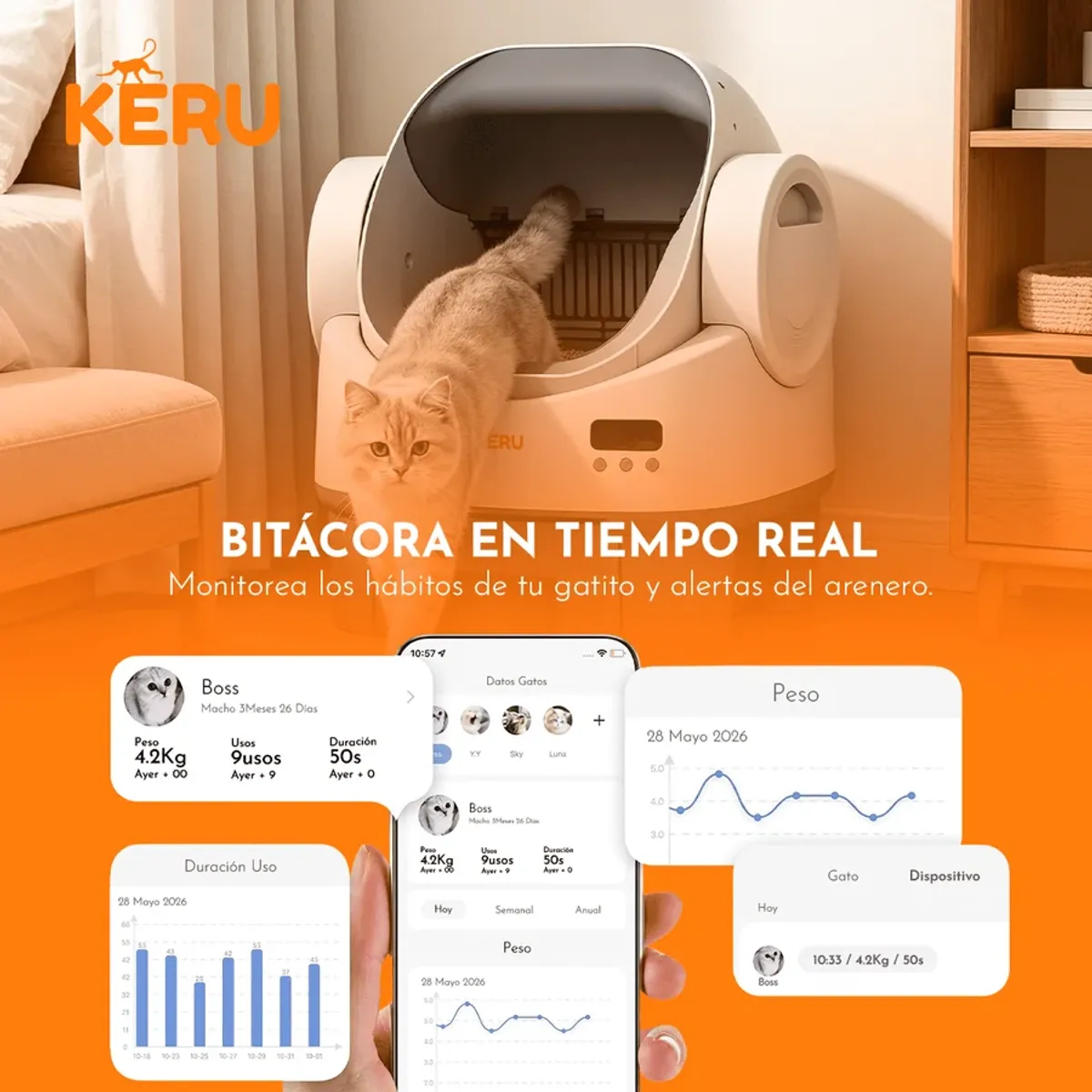 KERU - Arenero Inteligente Automático KERU ABIERTO EC para Gatos con App WiFi XXL