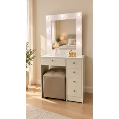 GENERICO - Tocador hollywood blanco de melamina con espejo iluminado y puff beige 75 cm ancho