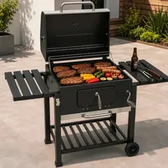 HOMEBRANDT - Parrilla A Carbon Acero Inoxidable Tapa Rueda Y Doble Repisa
