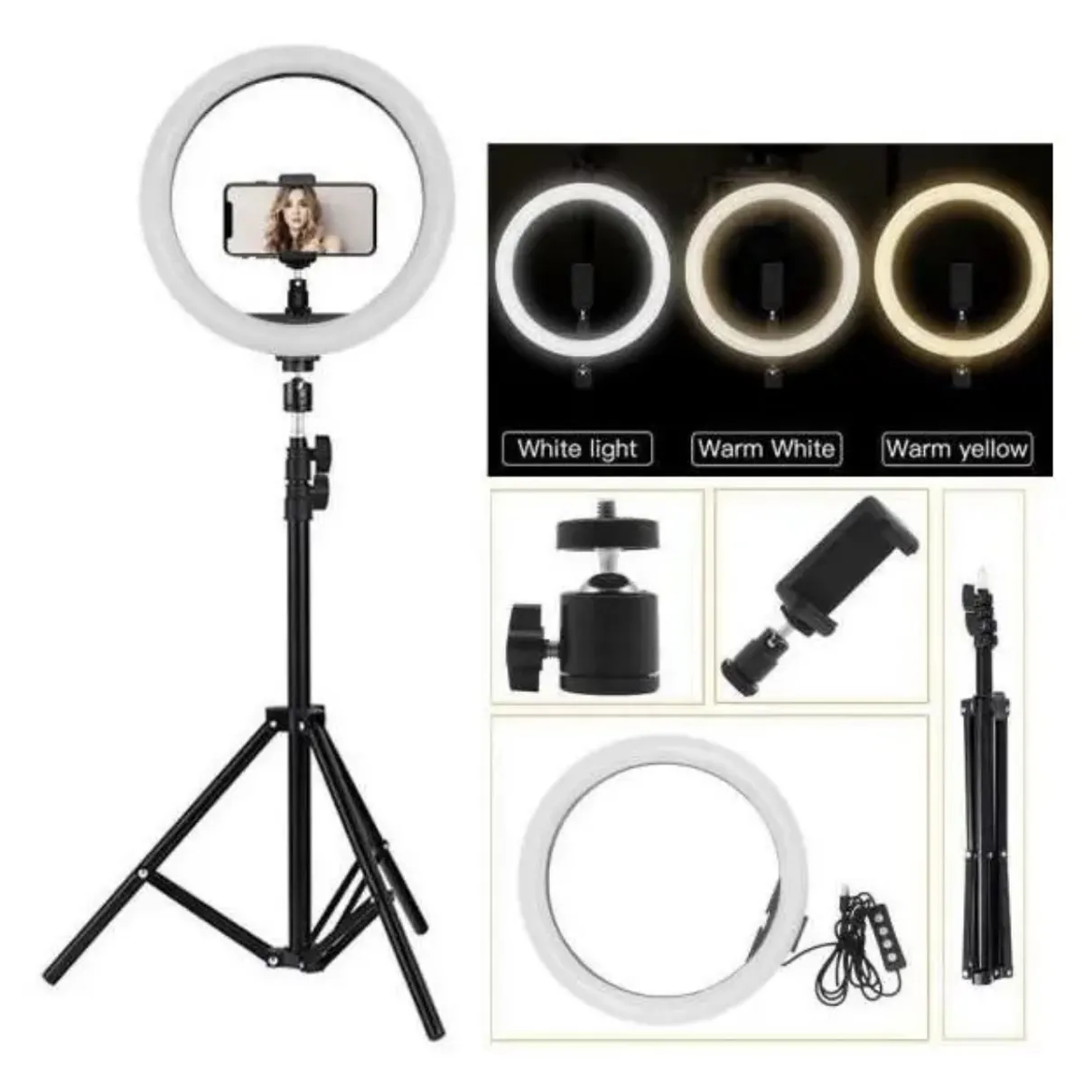 GENERAL - Aro De Luz 26 Cm Con Trípode 2mt Profesional 3 Climas De Luz Negro Blanco Neutro