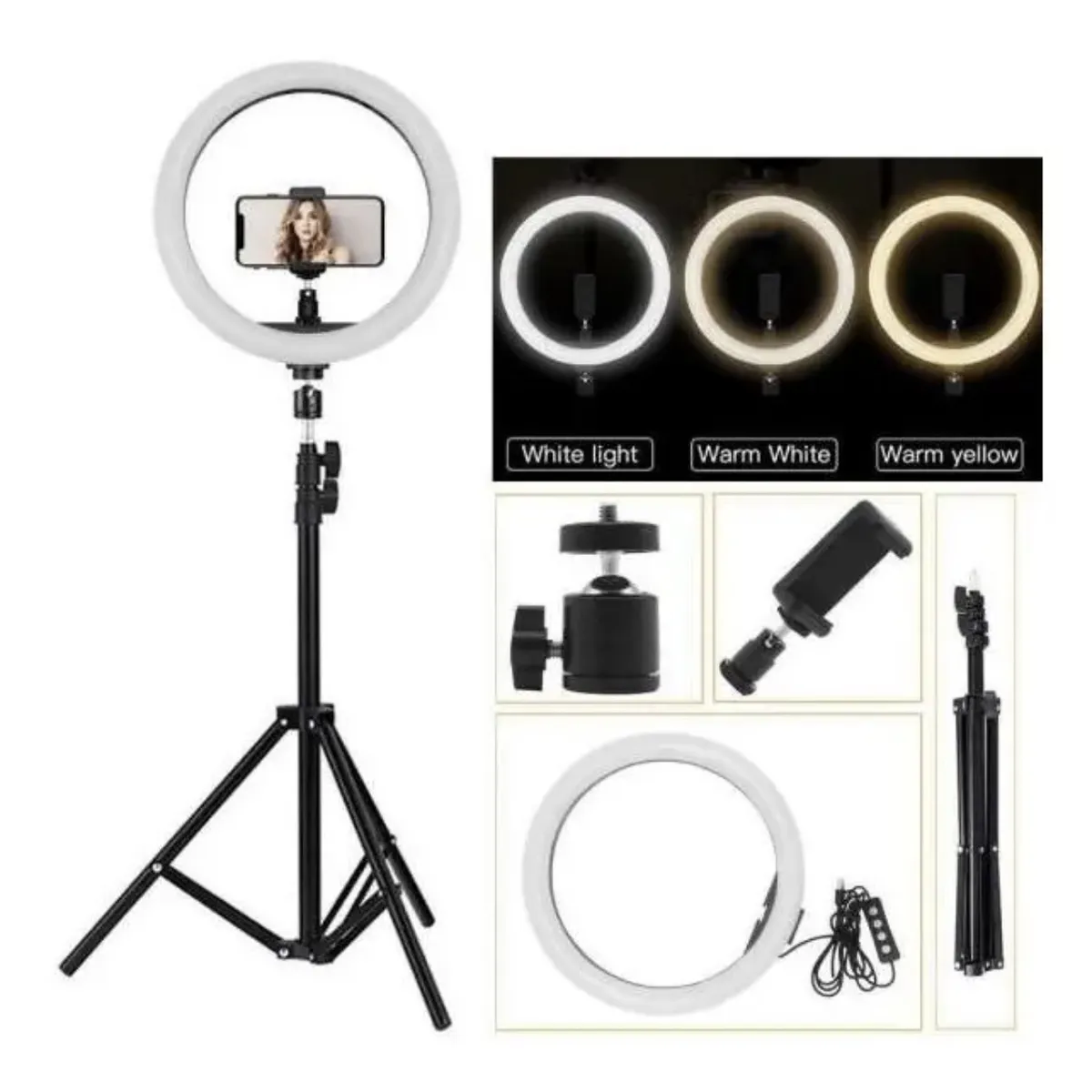 GENERAL - Aro De Luz 26 Cm Con Trípode 2mt Profesional 3 Climas De Luz Negro Blanco Neutro