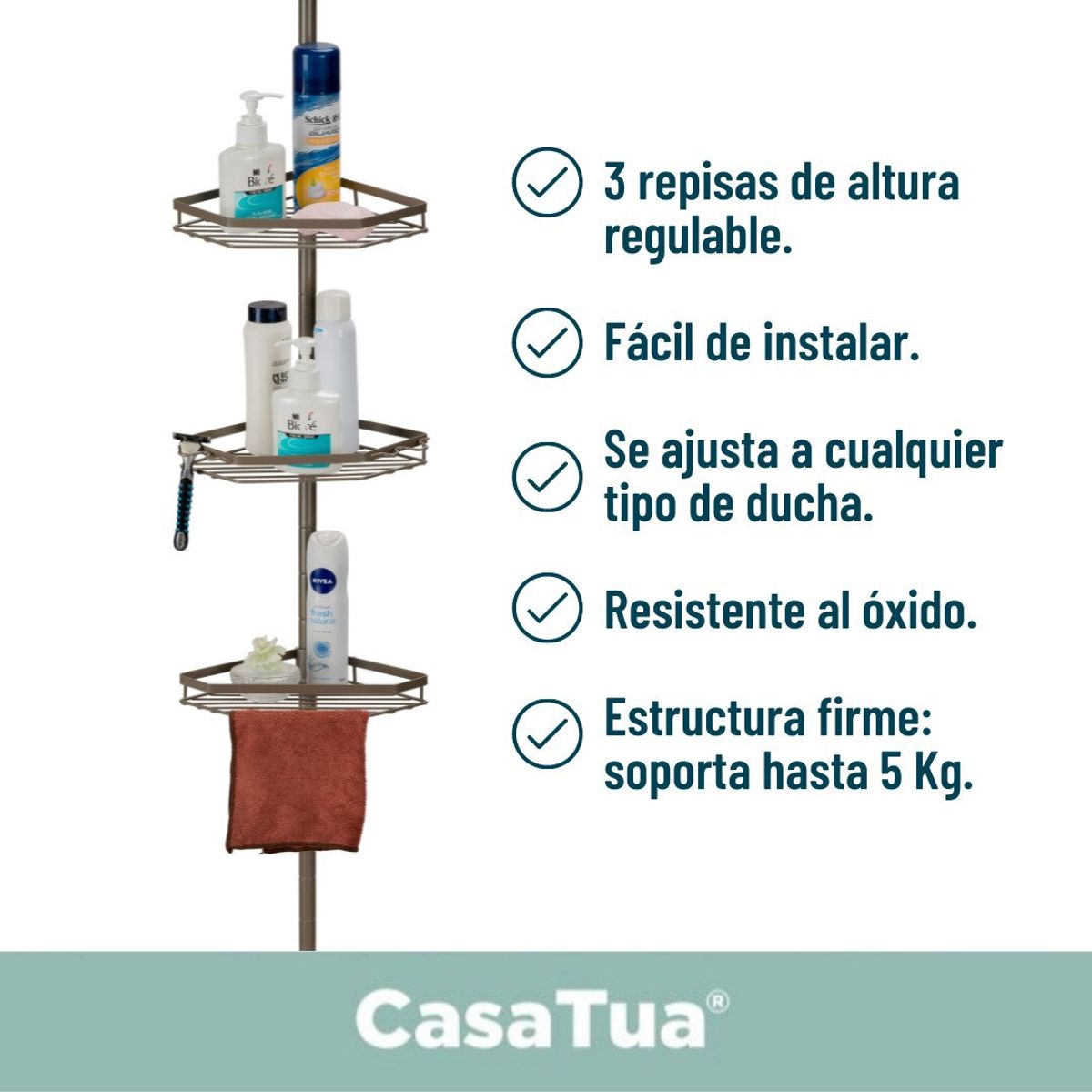 CASATUA - Esquinero De Ducha Metálico Inoxidable Ajustable