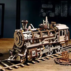 ROBOTIME - Puzzle 3D de Madera ROKR Locomotora a Vapor Mecánica a Cuerda para Armar LK701
