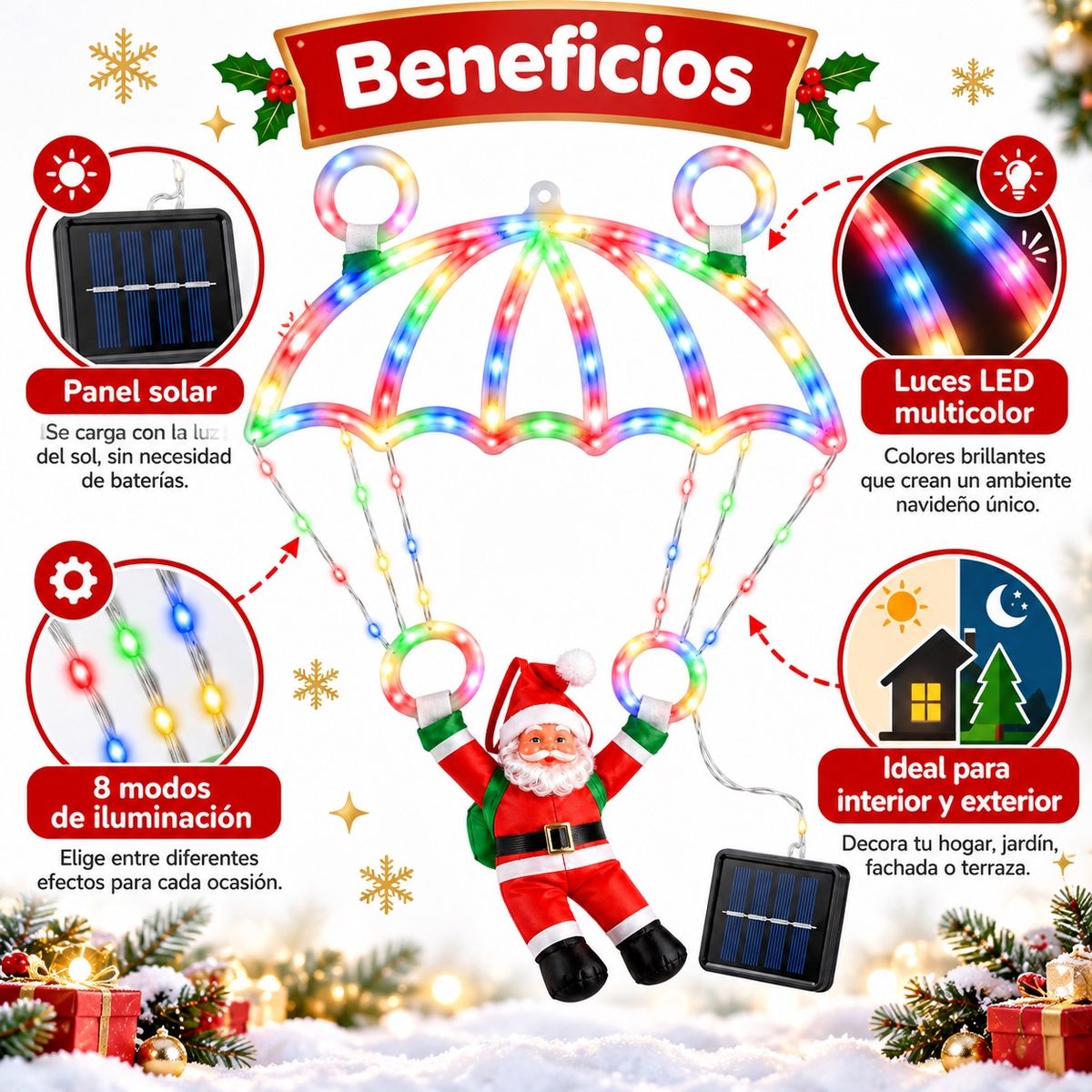 DOPA - Adorno Solar De Luces Led Viejo Pascuero Paracaídas Navidad