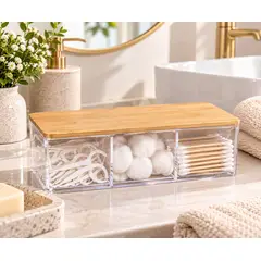 CAP DOR - Organizador de Baño Transparente con 3 Compartimentos y Tapa de Bambú