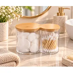 CAP DOR - Organizador de Baño Doble con Tapa de Bambú para Algodón y Cotonitos