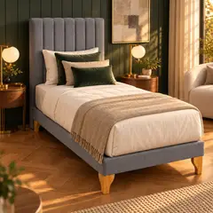 GENERICO - Juego de Dormitorio 1,5 Plazas Cama con Colchón Bonnell y Respaldo Lineal Lino Gris