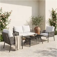 HOMER DESIGN - Juego De Terraza Leonora 4 Piezas Sofá 2 Sillones Mesa Ratán