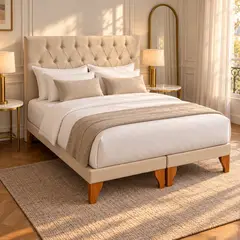 GENERICO - Juego de Dormitorio 2 Plazas Cama con Colchón Bonnell y Respaldo Capitoné Lino Beige