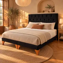 GENERICO - Cama Europea King Felpa Negra Respaldo Capitoné y Colchón Bonnell 180x200 cm