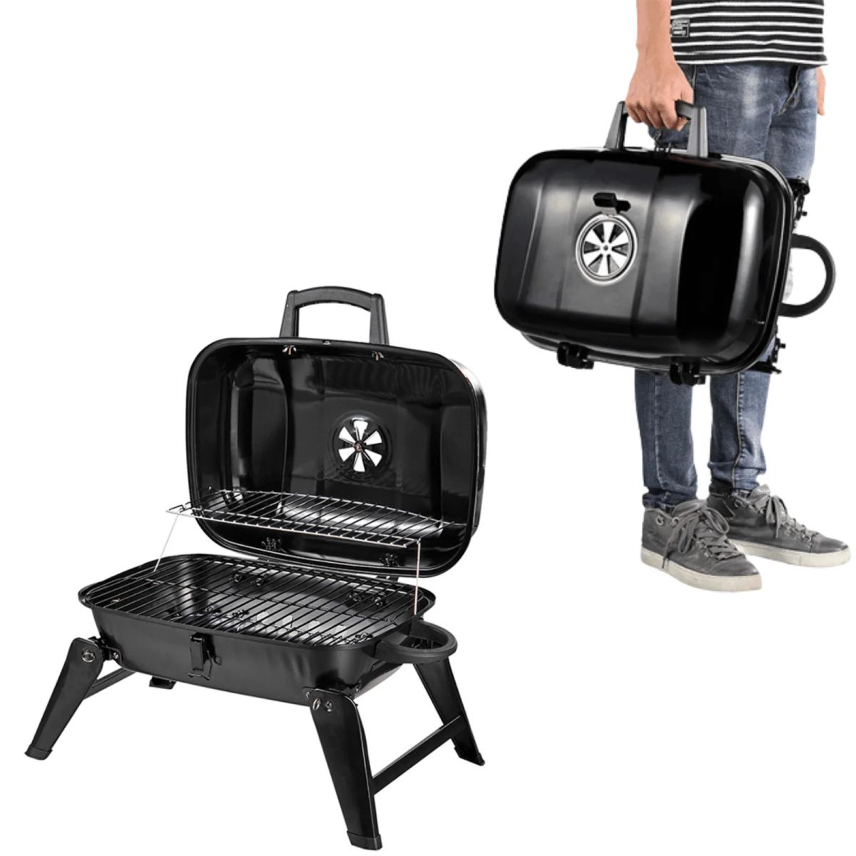 BBQ - Parrilla portátil a carbón tipo maleta grande de acero plegable con rejilla cromada