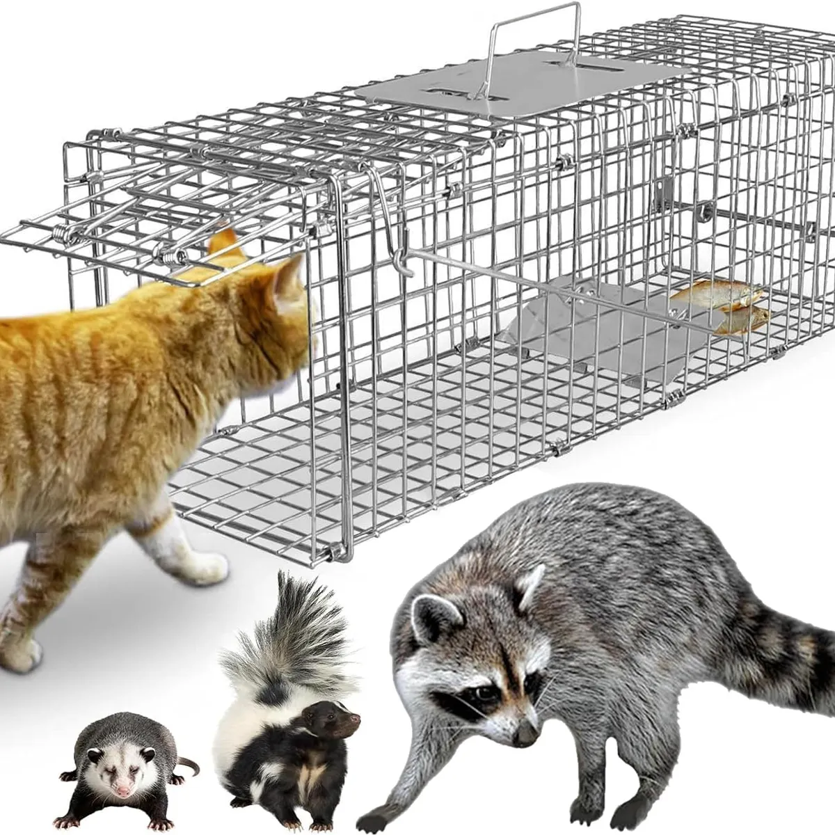 NEBLISUR - Trampa Jaula Acero Plegable para Animales Vivos,Trampa para Gatos con 2 Puertas 94x34x37cm