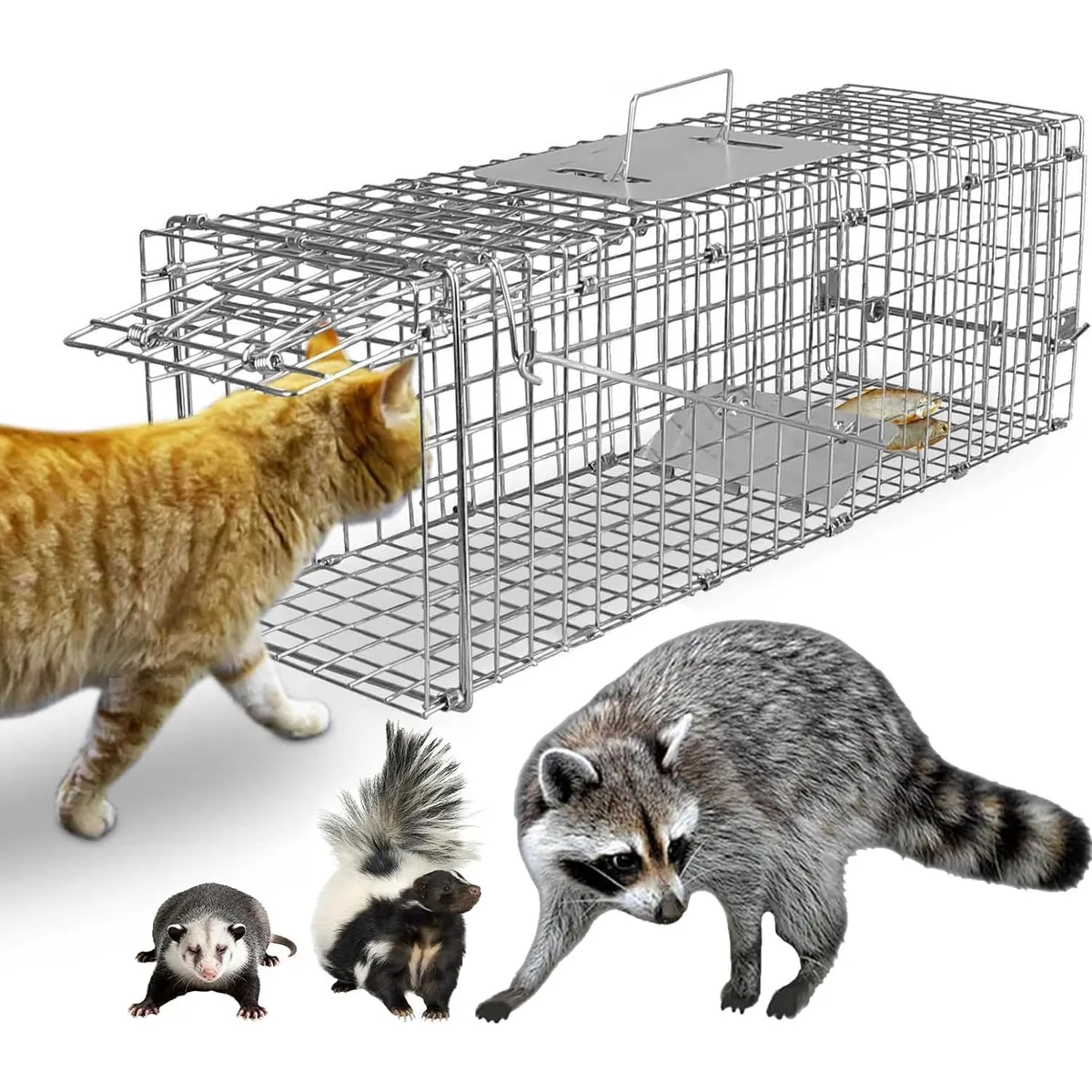 NEBLISUR - Trampa Jaula Acero Plegable para Animales Vivos,Trampa para Gatos con 2 Puertas 94x34x37cm