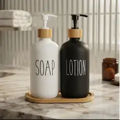 GENERICO - Set 2 Dispensador Jabón Liquido Manos Baño Vidrio Y Bandeja de Bambu