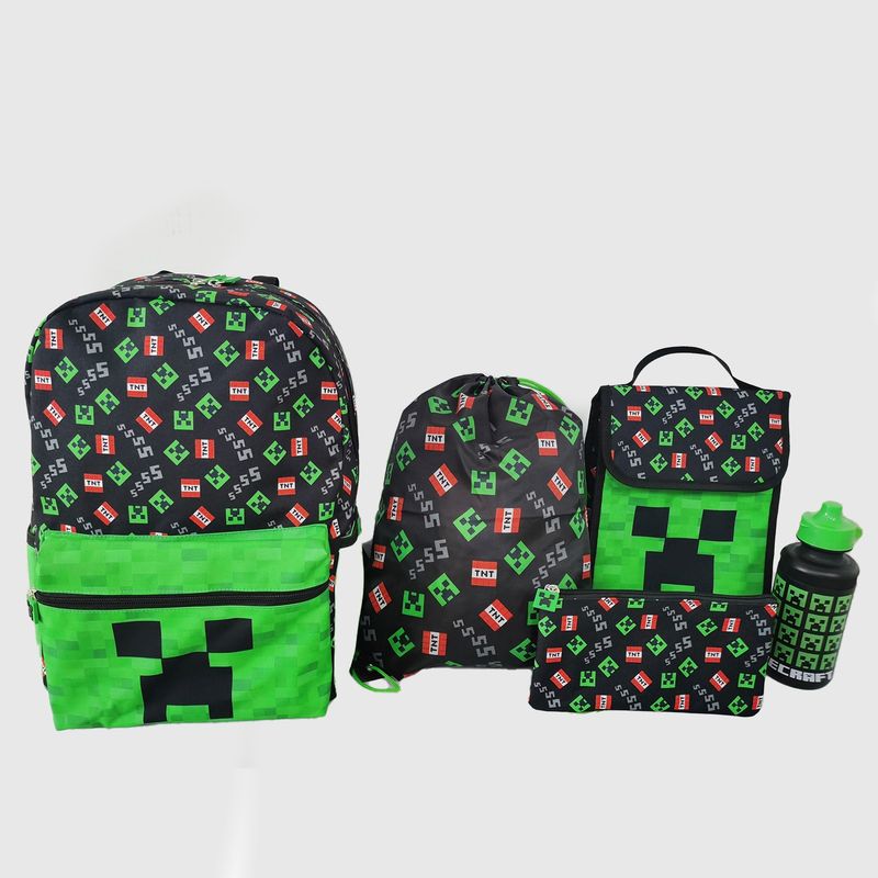 MINECRAFT - Minecraft Set Mochila + Lonchera + Estuche + Bolsa + Botella