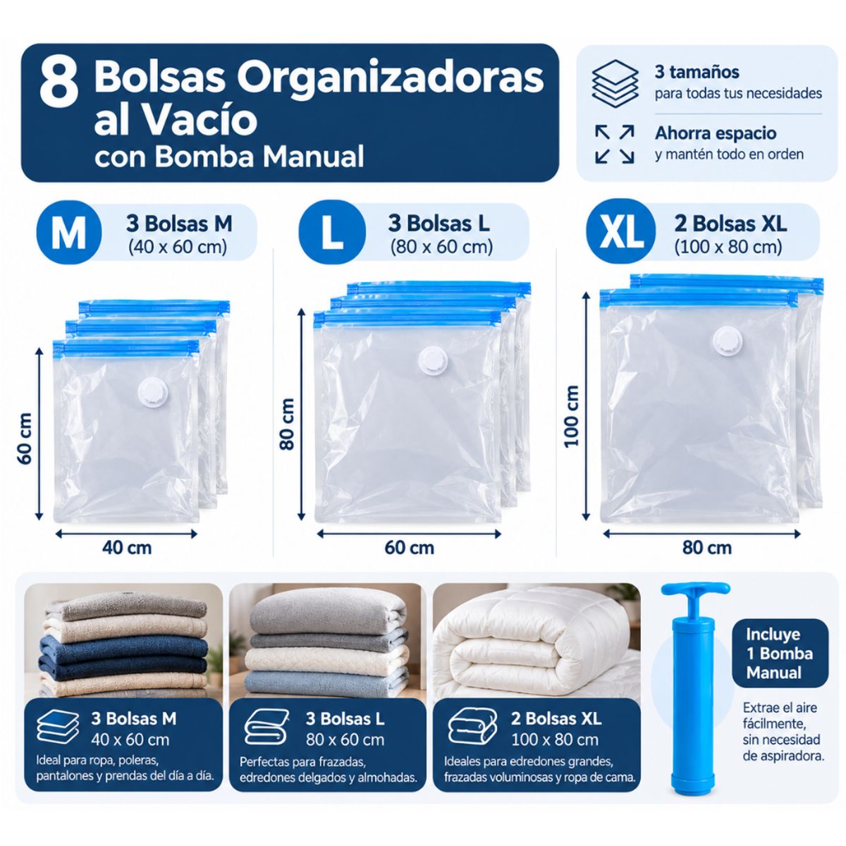 GENERICO - Bolsas Organizadoras al Vacío para Ropa con Bomba Manual 8 Unidades