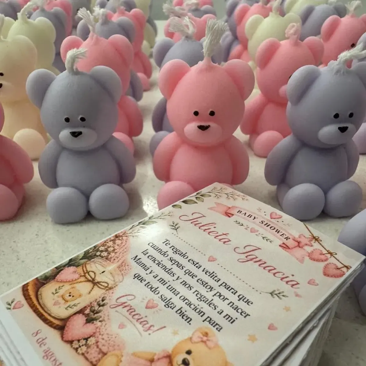 RECUERDOS - Velas Oso con Bolsita de Organza y Tarjeta Personalizada pack 12 unidades