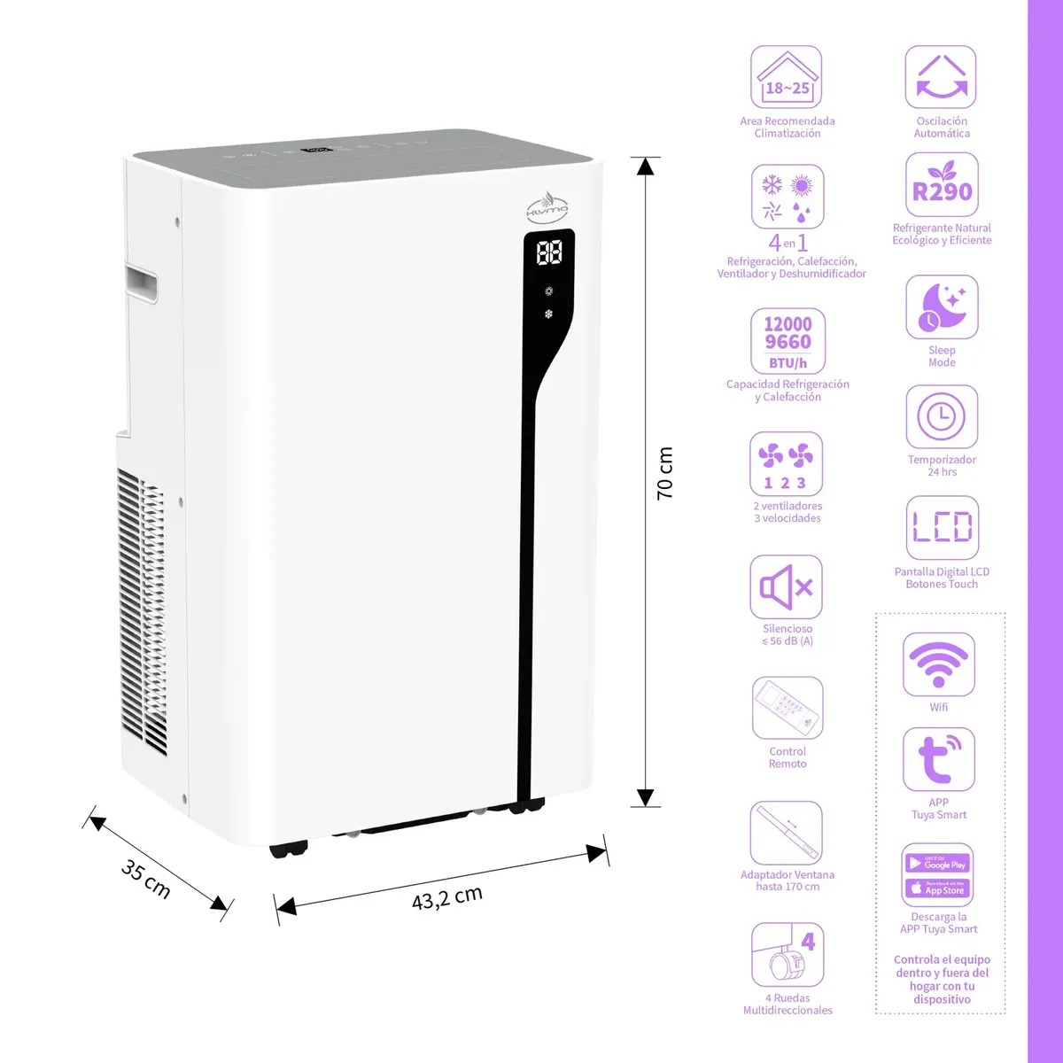 KLYMA - Aire Acondicionado-Calefactor Portátil FRIO-CALOR 4en1 WiFi 12000 BTU KÖLD 12wf PRO White