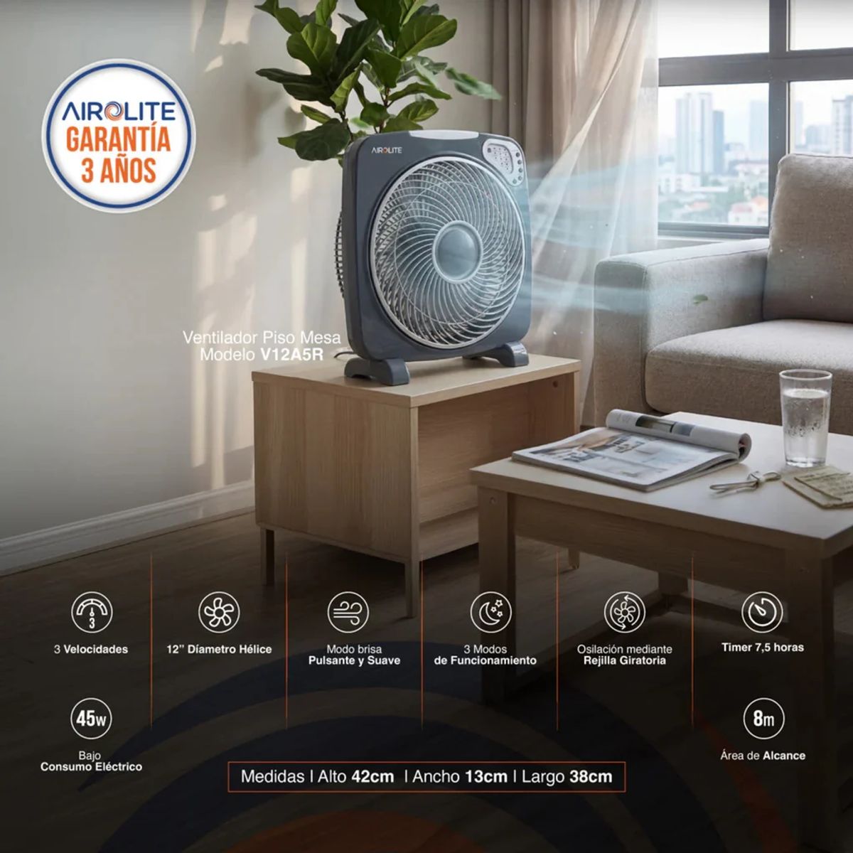 Ventilador Piso o Mesa Airolite V12A5R Control Remoto 360° 3 Velocidades 45 Watts, marca AIROLITE - Foto Principal