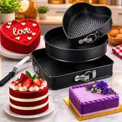IRM - Set de 3 moldes desmontables para tortas corazón redondo y cuadrado antiadherente para horno