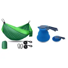 PRO OUTDOOR - Hamaca Compacta Verde + Tetera Plegable Azul Kit Camping