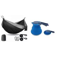 PRO OUTDOOR - Hamaca Compacta Negra + Tetera Plegable Azul Kit Camping