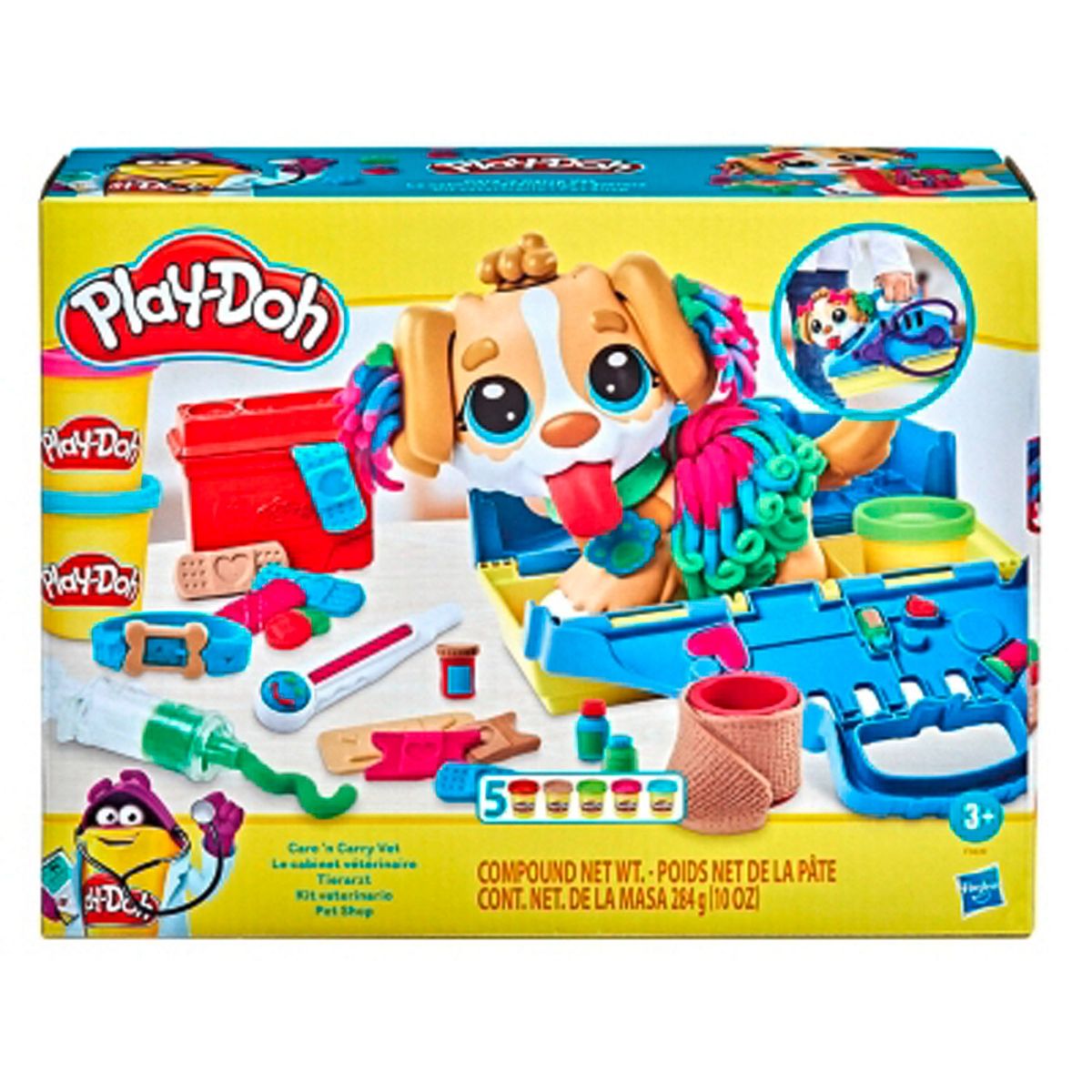 PLAY DOH - Kit Veterinario - Set Con Cachorro De Juguete, Transportín, 10 Herramientas, 5 Colores Play Doh