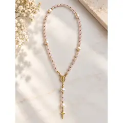 BEGONIA - Rosario baño de oro 18k cuarzo rosado perlas rio mujer joyas