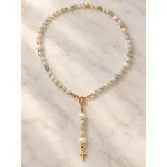 BEGONIA - Rosario baño de oro 18k piedra morganita perlas rio mujer joyas