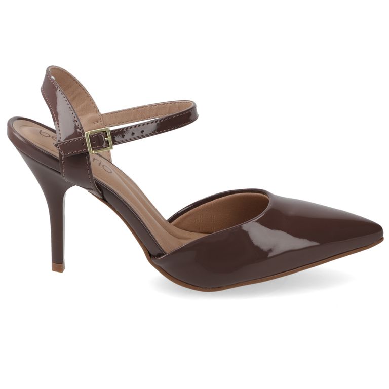 Zapato Taco Aguja Mujer Charol Café con Pulsera al Tobillo