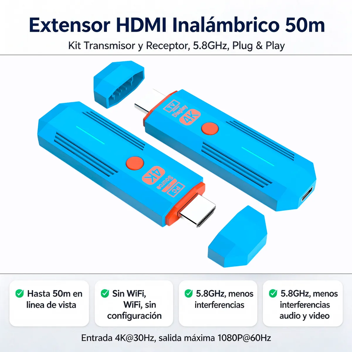 RENVMEXY - Extensor HDMI Inalámbrico TX+RX 5,8GHz hasta 50m, sin WiFi, Plug & Play, Audio y Video Full HD
