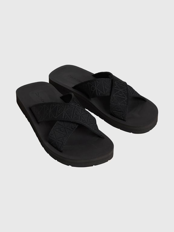 Sandalias de Tiras Cruzadas con Estampado de Emblema Negro