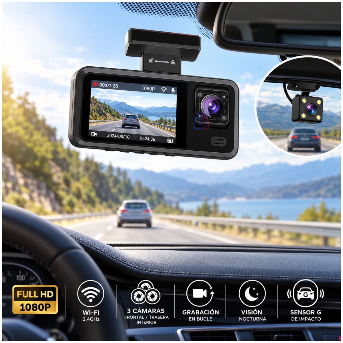 TECNOLAB - Cámara Auto Dashcam 3 Lentes Full HD 1080p Wifi IPS - PS
