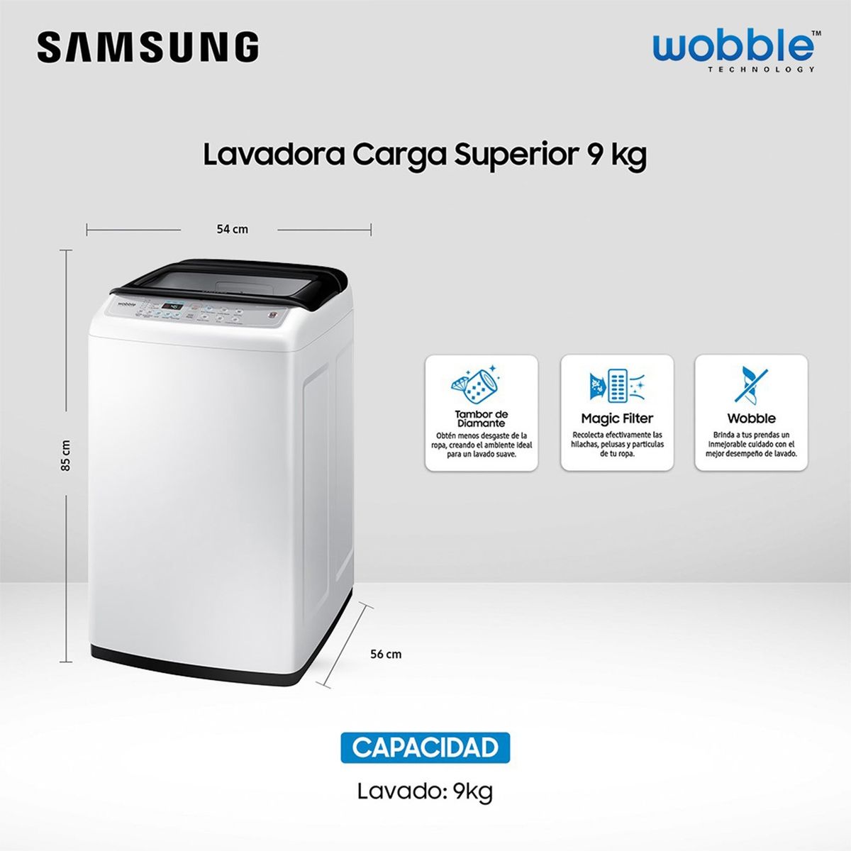SAMSUNG - Lavadora Samsung Automática 9 Kg con Wobble, WA90H4400SW1ZS