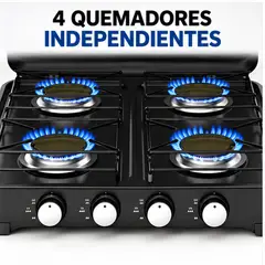 GENERICO - Cocina a Gas Portátil de 4 Hornillas con Tapa Abatible Negra
