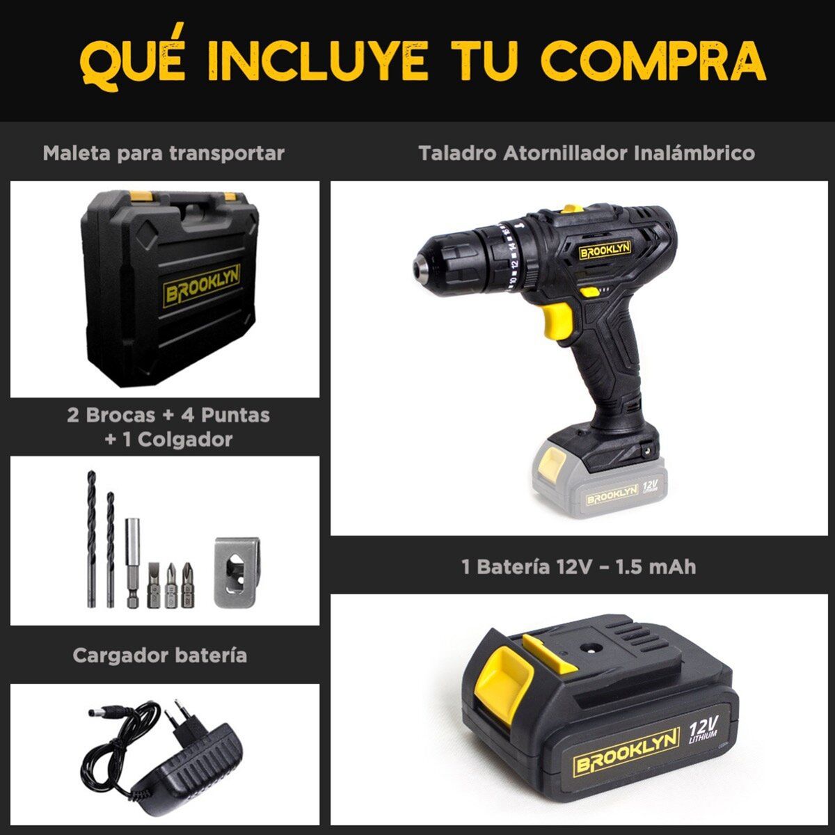 BROOKLYN - Taladro Atornillador Inalambrico 12V Bateria Malet