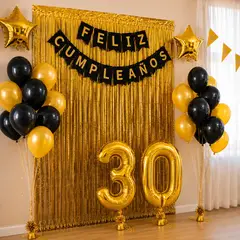 COTILLON ACTIVARTE - Kit Decoración Cumpleaños 30 Años Dorado Negro Cotillón Activarte