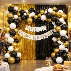 COTILLON ACTIVARTE - Set Decoración Cumpleaños Negro Dorado Blanco Cotillón Activarte