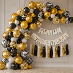 COTILLON ACTIVARTE - Kit Decoración Cumpleaños Arco Orgánico Negro Dorado Ágata Cotillón Activarte