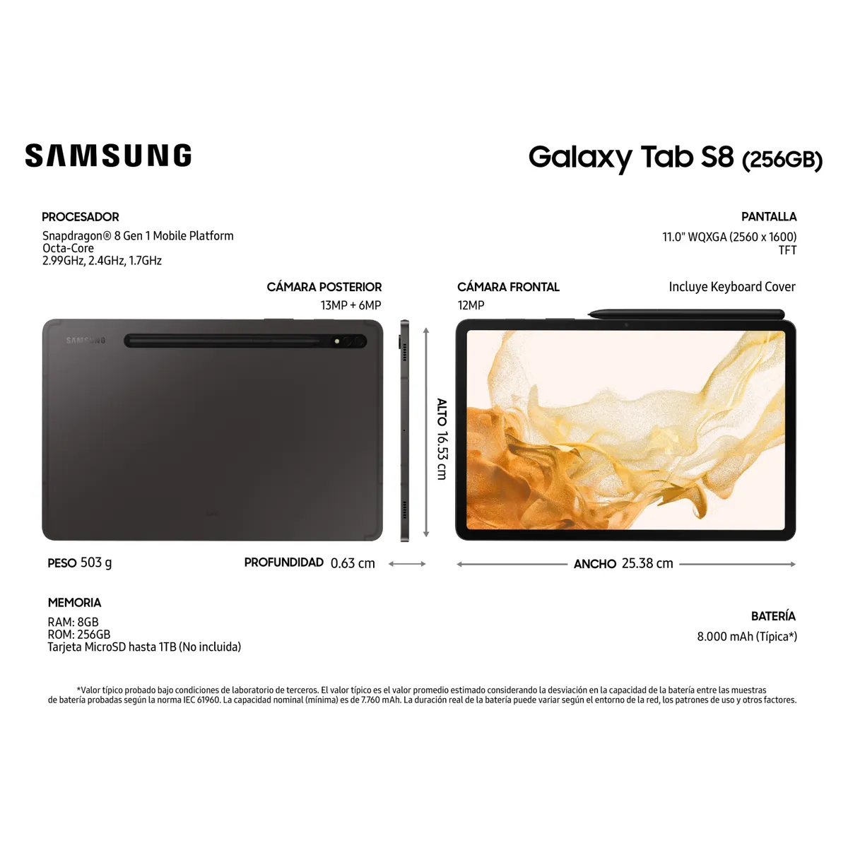 SAMSUNG - Tablet Samsung Galaxy Tab S8 + Keyboard Cover (11", 256GB, WIFI, Graphite)