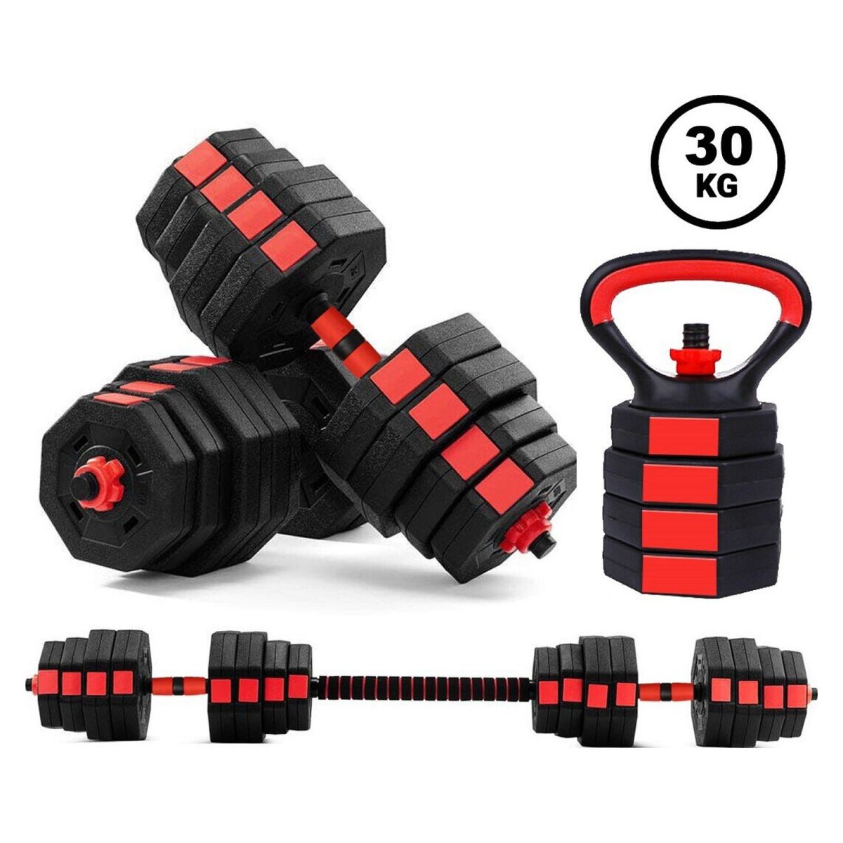 FITNICS - Mancuernas ajustables 30Kg barra +Kettlebell Set 2