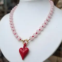 GENERICO - Collar Corazón de Amor en Cuarzo Rosa y Rojo
