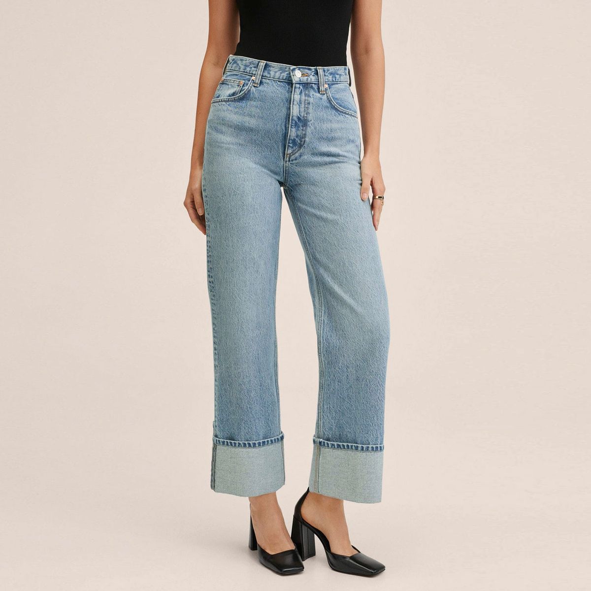 MANGO - Mango Jeans Rectos Tiro Alto Con Vuelta Brenda Mujer